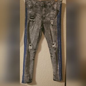 Gray Acid Wash Distressed Jeans with Blue Side Stripes